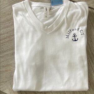 Tultex White V-Neck Tee with Navy Embroidery